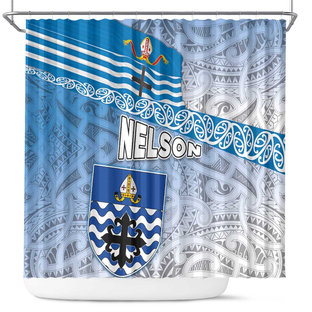 New Zealand Nelson Shower Curtain Nelson's Flag and Seal - Maori Art Tattoo LT03 White - Polynesian Pride