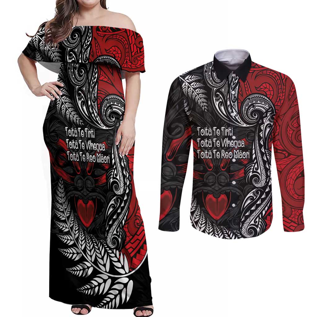 Aotearoa Toitu Te Tiriti Couples Matching Off Shoulder Maxi Dress and Long Sleeve Button Shirt New Zealand Honour the Treaty - Te Tiriti Is Us
