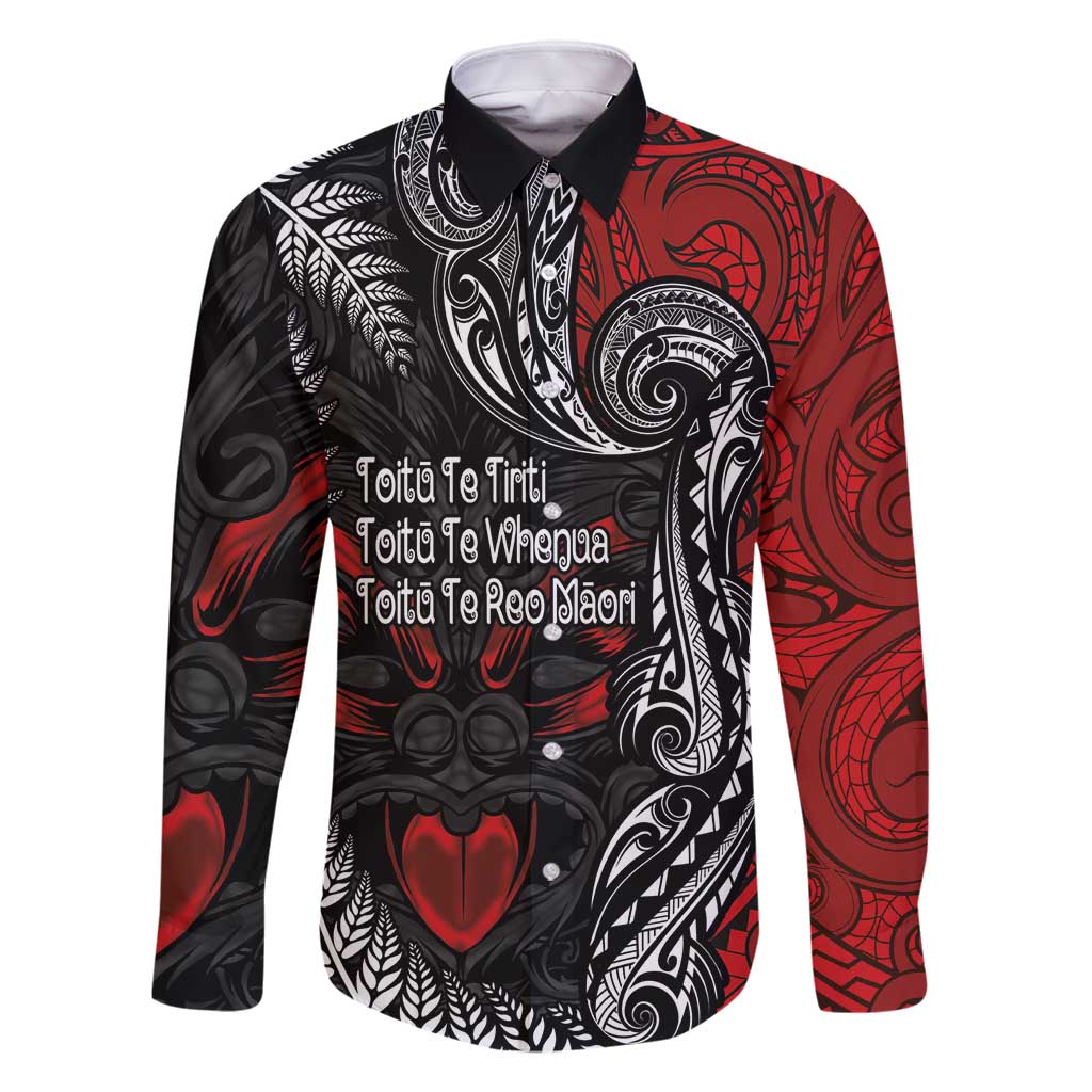 Aotearoa Toitu Te Tiriti Family Matching Long Sleeve Bodycon Dress and Hawaiian Shirt New Zealand Honour the Treaty - Te Tiriti Is Us LT03 Dad's Shirt - Long Sleeve Red - Polynesian Pride