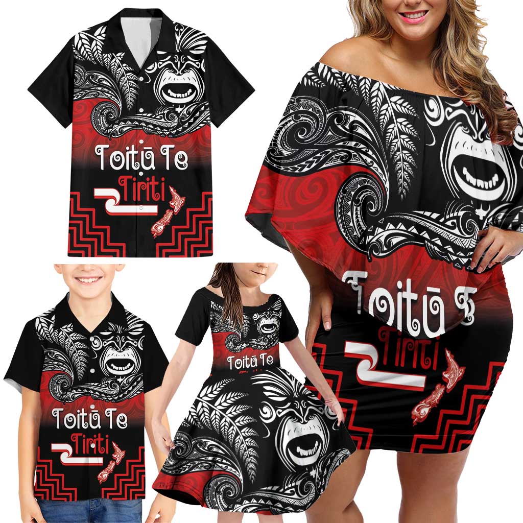 Aotearoa Toitu Te Tiriti Family Matching Off Shoulder Short Dress and Hawaiian Shirt New Zealand Honour the Treaty - Fight Together LT03 - Polynesian Pride