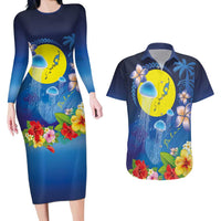 Palau Jellyfish Couples Matching Long Sleeve Bodycon Dress and Hawaiian Shirt Ocean Heritage Tropical Plants - Polynesian Pride