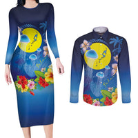 Palau Jellyfish Couples Matching Long Sleeve Bodycon Dress and Long Sleeve Button Shirt Ocean Heritage Tropical Plants - Polynesian Pride
