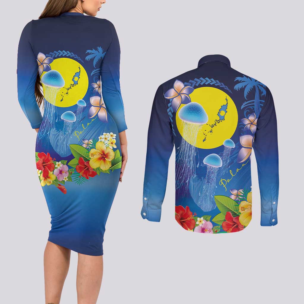 Palau Jellyfish Couples Matching Long Sleeve Bodycon Dress and Long Sleeve Button Shirt Ocean Heritage Tropical Plants - Polynesian Pride