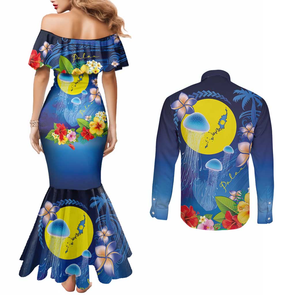 Palau Jellyfish Couples Matching Mermaid Dress and Long Sleeve Button Shirt Ocean Heritage Tropical Plants - Polynesian Pride