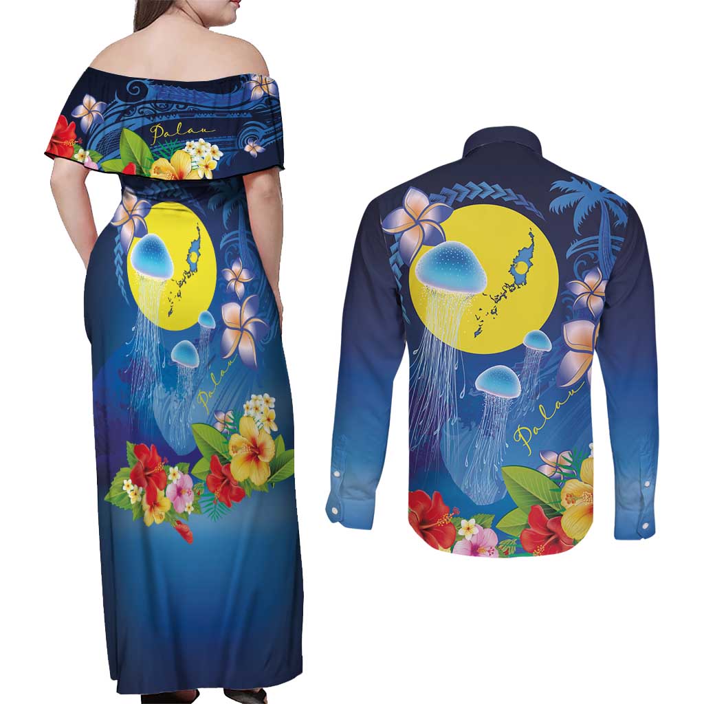 Palau Jellyfish Couples Matching Off Shoulder Maxi Dress and Long Sleeve Button Shirt Ocean Heritage Tropical Plants - Polynesian Pride