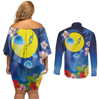 Palau Jellyfish Couples Matching Off Shoulder Short Dress and Long Sleeve Button Shirt Ocean Heritage Tropical Plants - Polynesian Pride