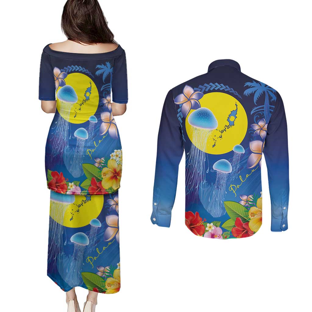 Palau Jellyfish Couples Matching Puletasi and Long Sleeve Button Shirt Ocean Heritage Tropical Plants - Polynesian Pride