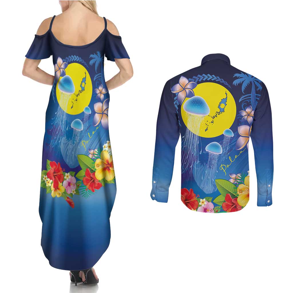 Palau Jellyfish Couples Matching Summer Maxi Dress and Long Sleeve Button Shirt Ocean Heritage Tropical Plants - Polynesian Pride