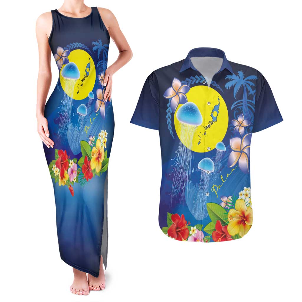 Palau Jellyfish Couples Matching Tank Maxi Dress and Hawaiian Shirt Ocean Heritage Tropical Plants - Polynesian Pride