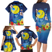 Palau Jellyfish Family Matching Long Sleeve Bodycon Dress and Hawaiian Shirt Ocean Heritage Tropical Plants - Polynesian Pride