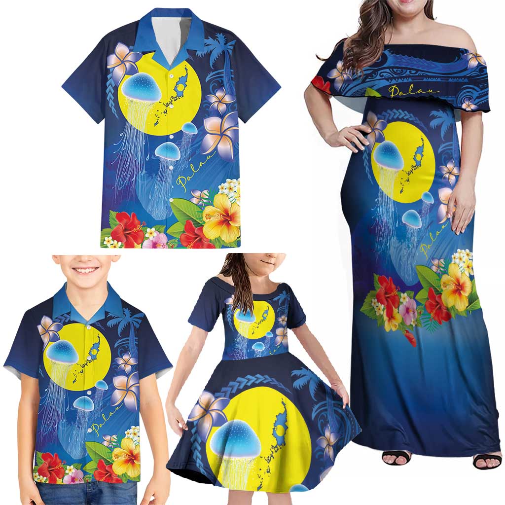 Palau Jellyfish Family Matching Off Shoulder Maxi Dress and Hawaiian Shirt Ocean Heritage Tropical Plants - Polynesian Pride