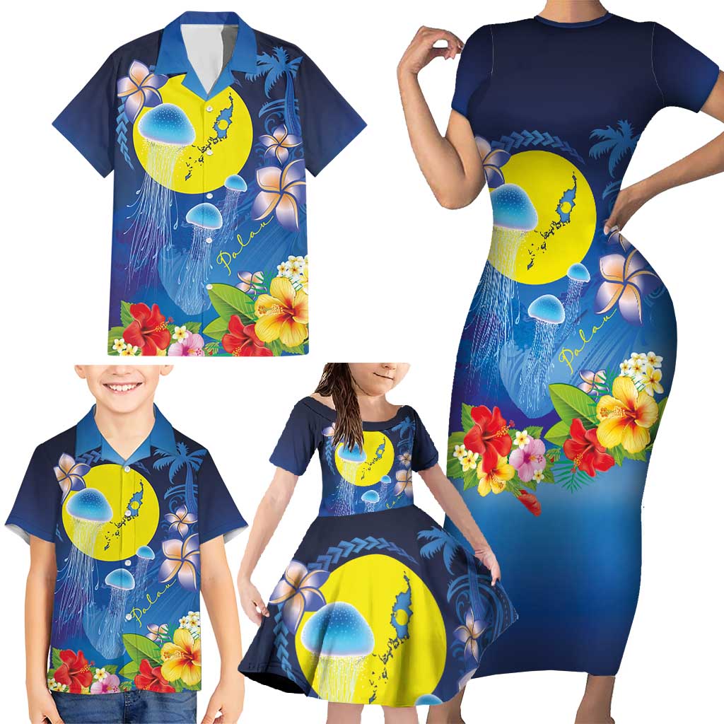 Palau Jellyfish Family Matching Short Sleeve Bodycon Dress and Hawaiian Shirt Ocean Heritage Tropical Plants - Polynesian Pride