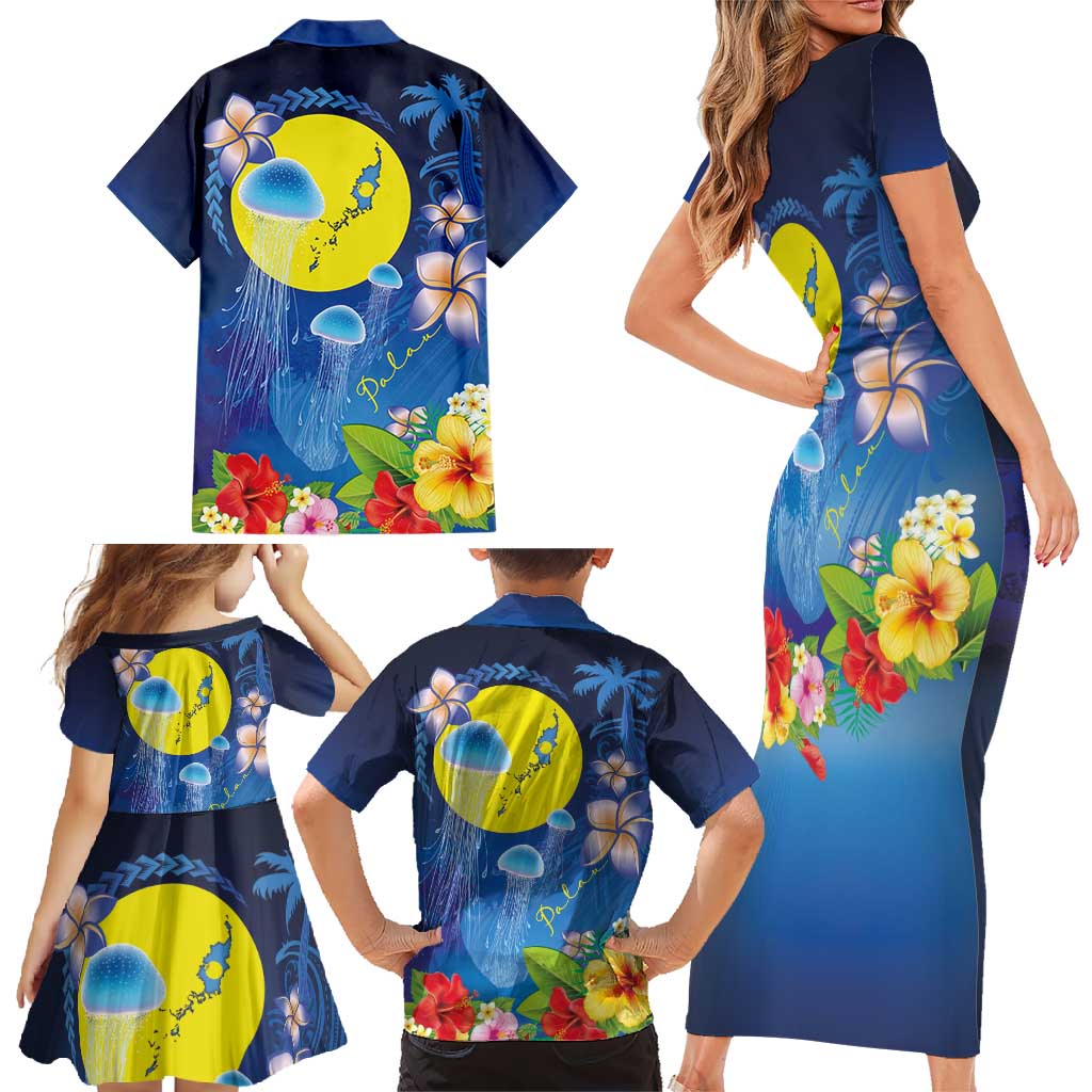 Palau Jellyfish Family Matching Short Sleeve Bodycon Dress and Hawaiian Shirt Ocean Heritage Tropical Plants - Polynesian Pride