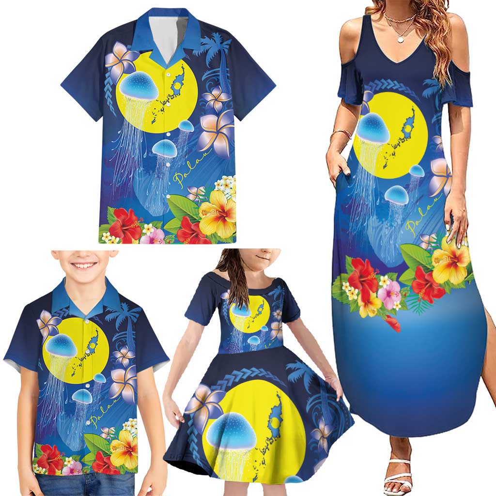 Palau Jellyfish Family Matching Summer Maxi Dress and Hawaiian Shirt Ocean Heritage Tropical Plants - Polynesian Pride
