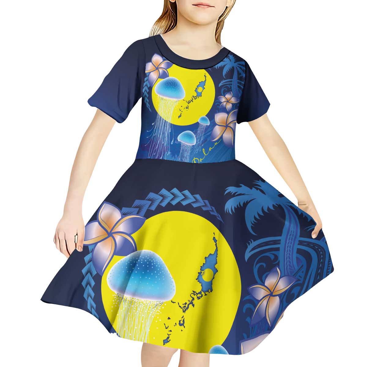 Palau Jellyfish Kid Short Sleeve Dress Ocean Heritage Tropical Plants - Polynesian Pride