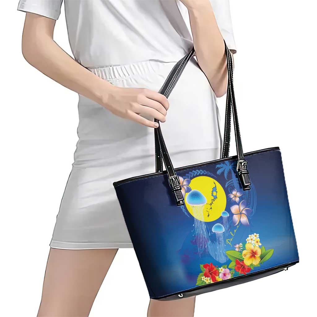 Palau Jellyfish Leather Tote Bag Ocean Heritage Tropical Plants - Polynesian Pride