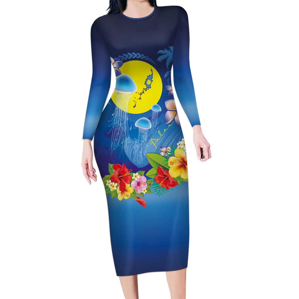 Palau Jellyfish Long Sleeve Bodycon Dress Ocean Heritage Tropical Plants - Polynesian Pride