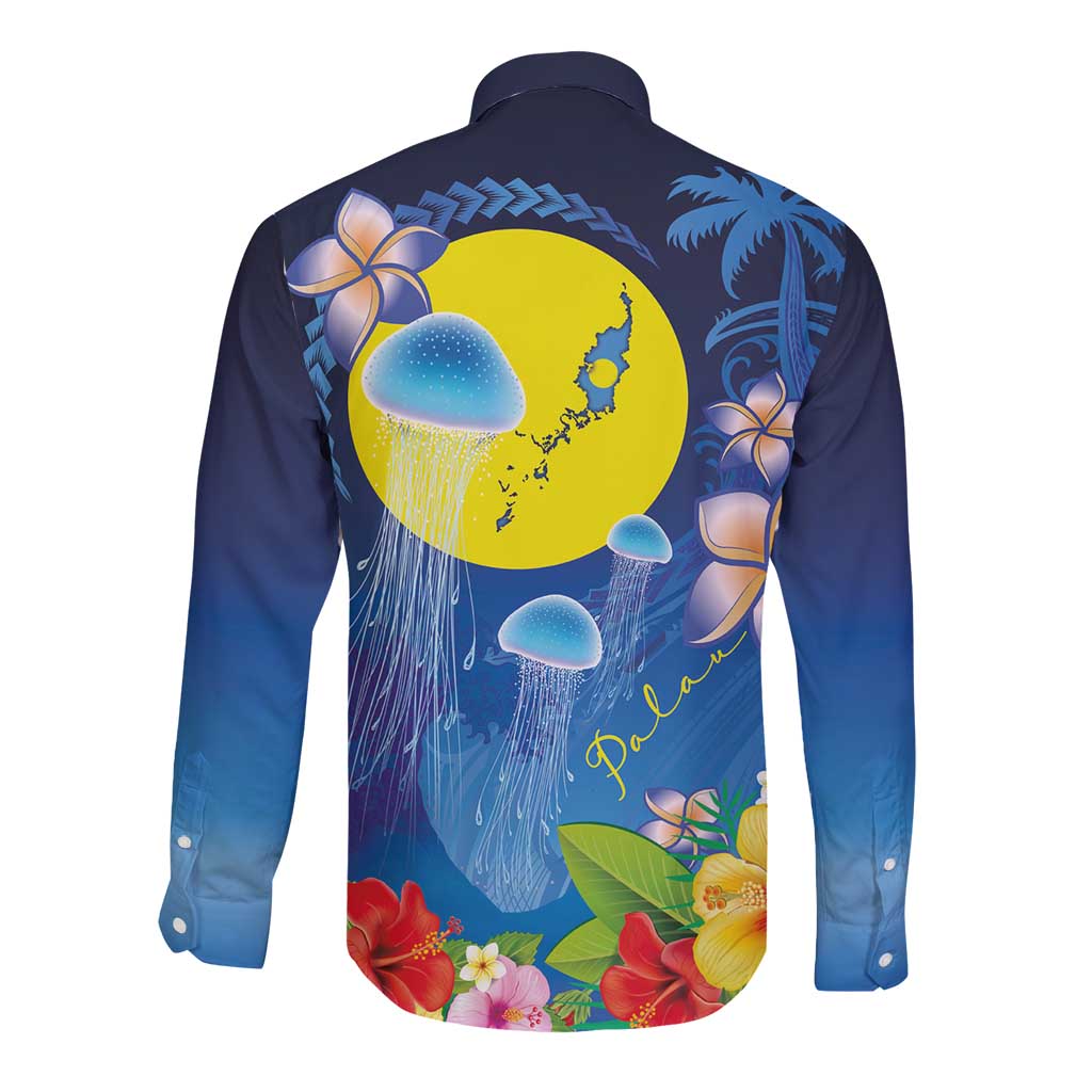 Palau Jellyfish Long Sleeve Button Shirt Ocean Heritage Tropical Plants - Polynesian Pride