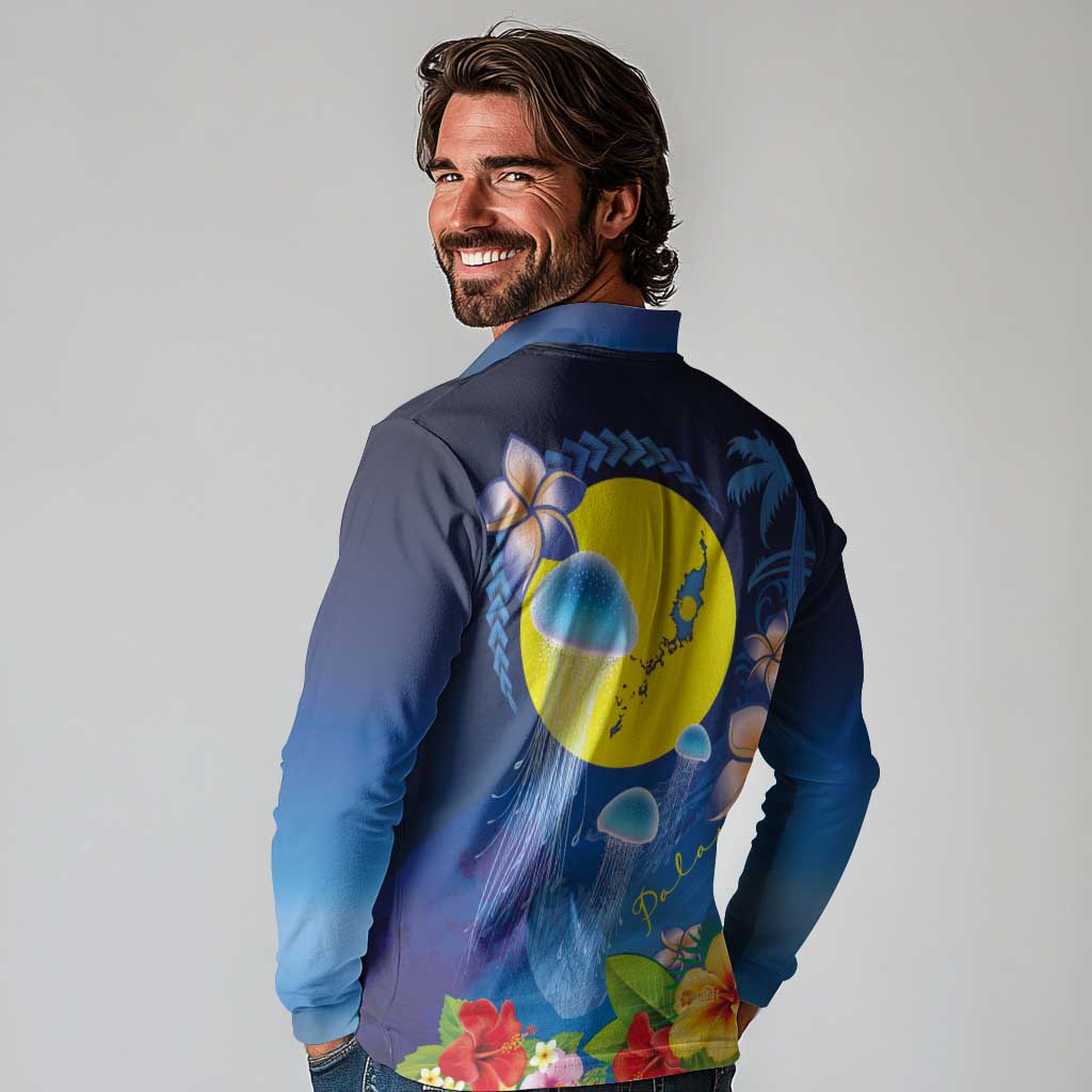 Palau Jellyfish Long Sleeve Polo Shirt Ocean Heritage Tropical Plants - Polynesian Pride
