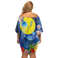 Palau Jellyfish Off Shoulder Short Dress Ocean Heritage Tropical Plants - Polynesian Pride