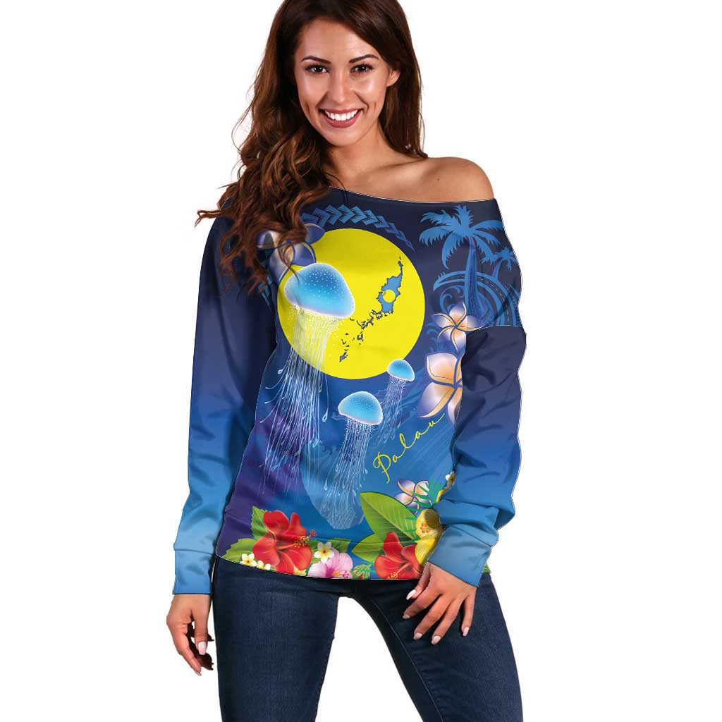 Palau Jellyfish Off Shoulder Sweater Ocean Heritage Tropical Plants - Polynesian Pride