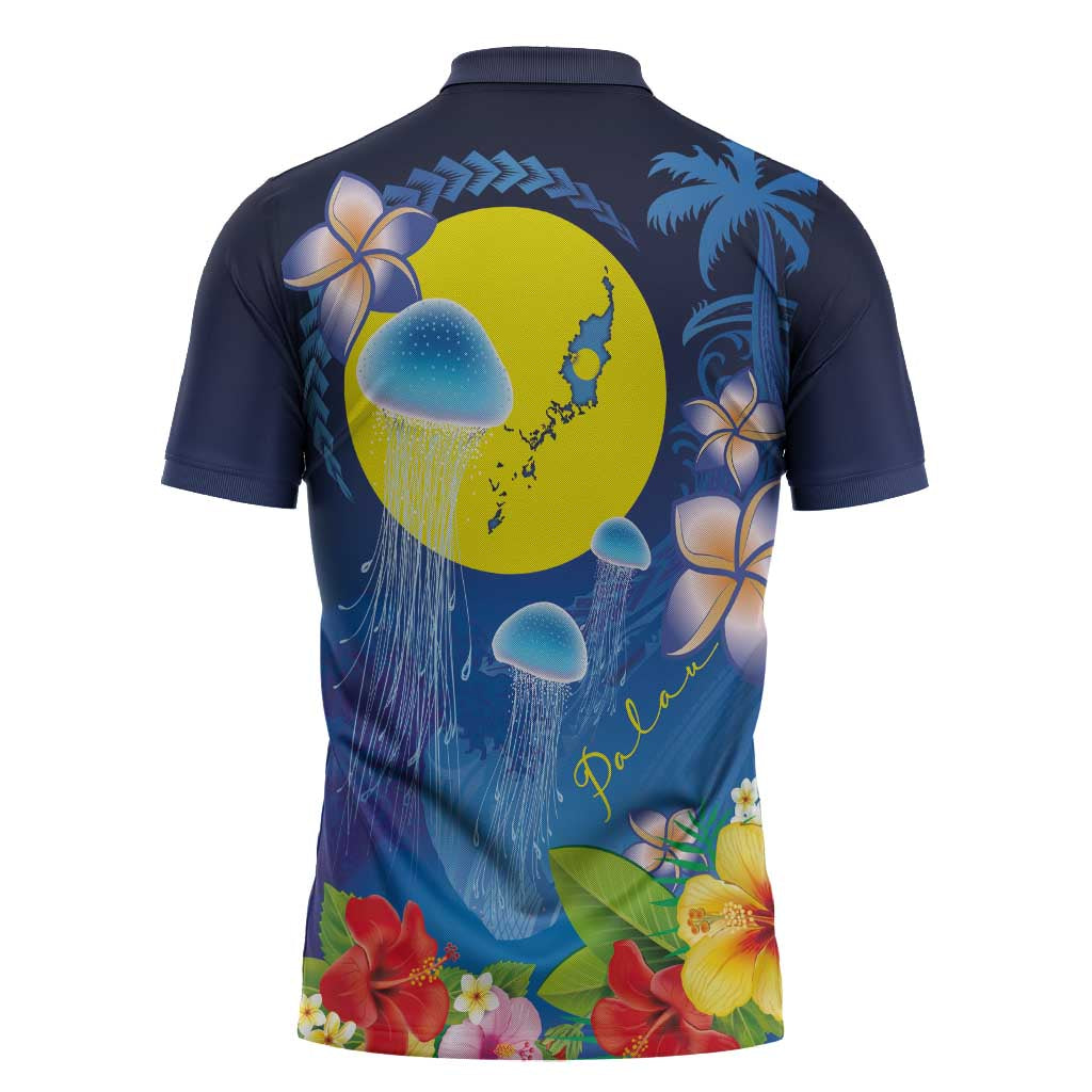 Palau Jellyfish Zipper Polo Shirt Ocean Heritage Tropical Plants - Polynesian Pride