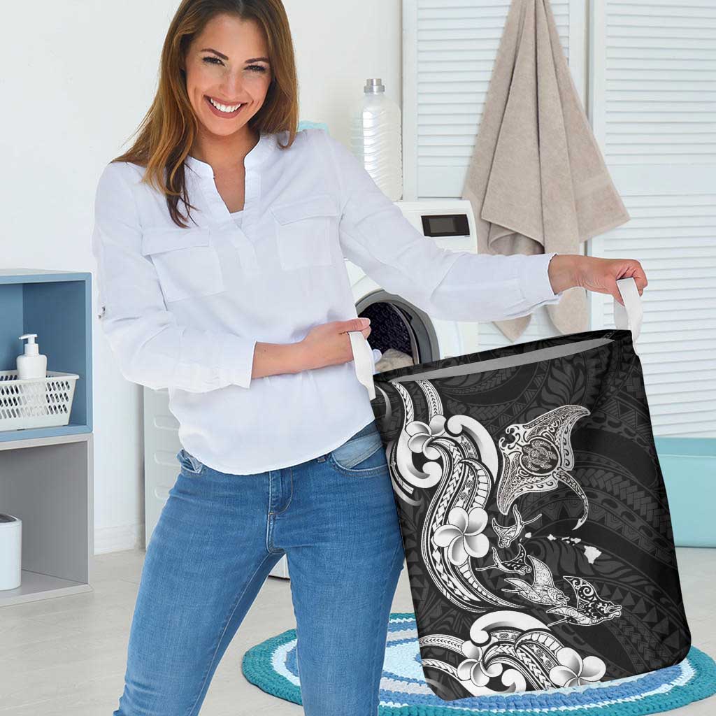 Hawaiian Manta Rays Laundry Basket Tribal Hibiscus Polynesian Tattoos Black Color - Polynesian Pride