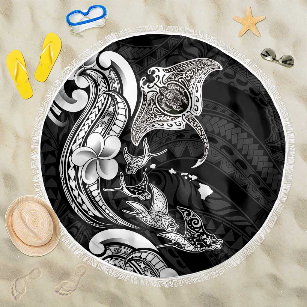 Hawaiian Manta Rays Beach Blanket Tribal Hibiscus Polynesian Tattoos Black Color - Polynesian Pride