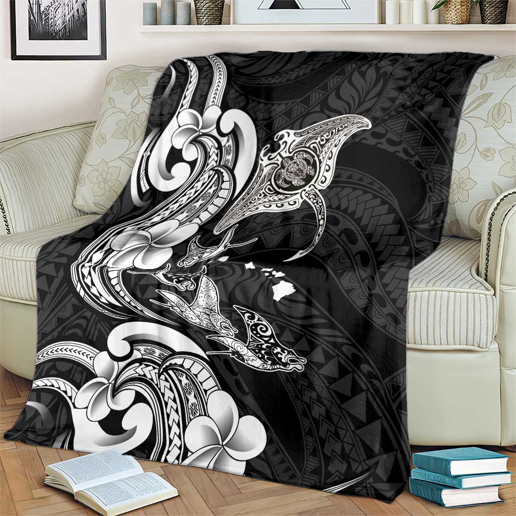 Hawaiian Manta Rays Blanket Tribal Hibiscus Polynesian Tattoos Black Color - Polynesian Pride