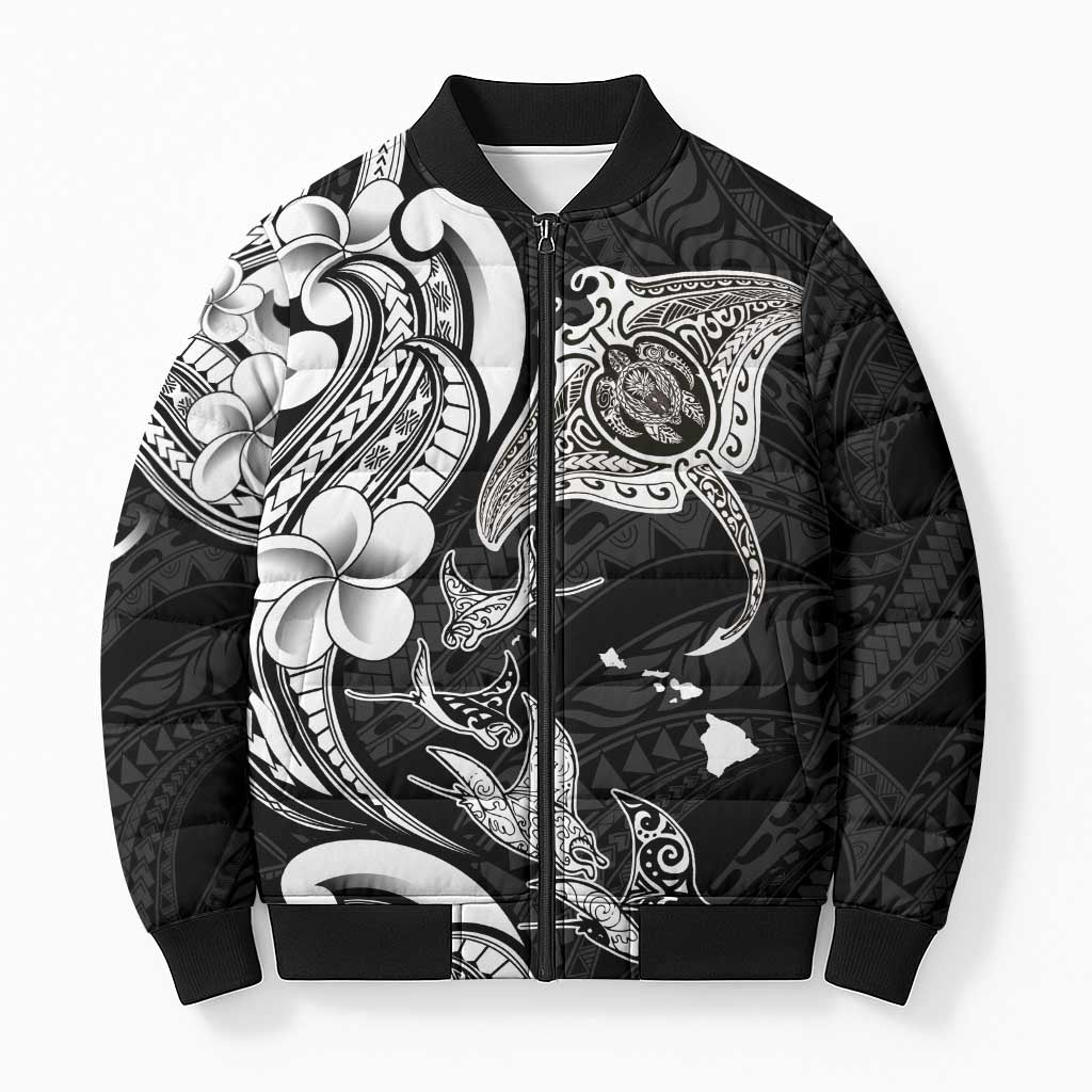 Hawaiian Manta Rays Bomber Puffer Jacket Tribal Hibiscus Polynesian Tattoos Black Color - Polynesian Pride