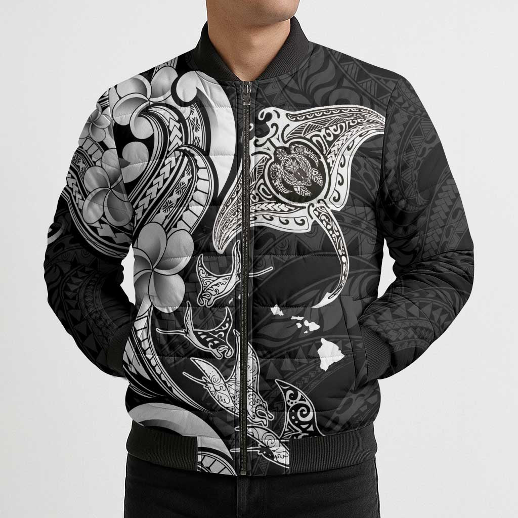 Hawaiian Manta Rays Bomber Puffer Jacket Tribal Hibiscus Polynesian Tattoos Black Color - Polynesian Pride