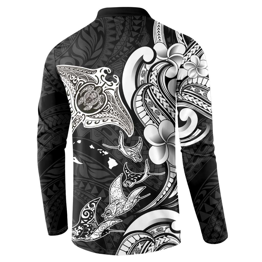 Hawaiian Manta Rays Button Sweatshirt Tribal Hibiscus Polynesian Tattoos Black Color - Polynesian Pride