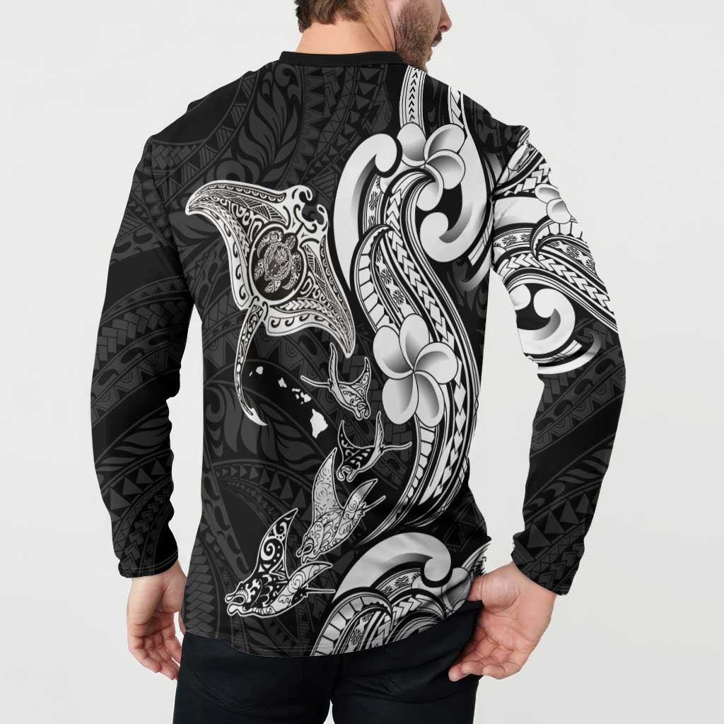 Hawaiian Manta Rays Button Sweatshirt Tribal Hibiscus Polynesian Tattoos Black Color - Polynesian Pride