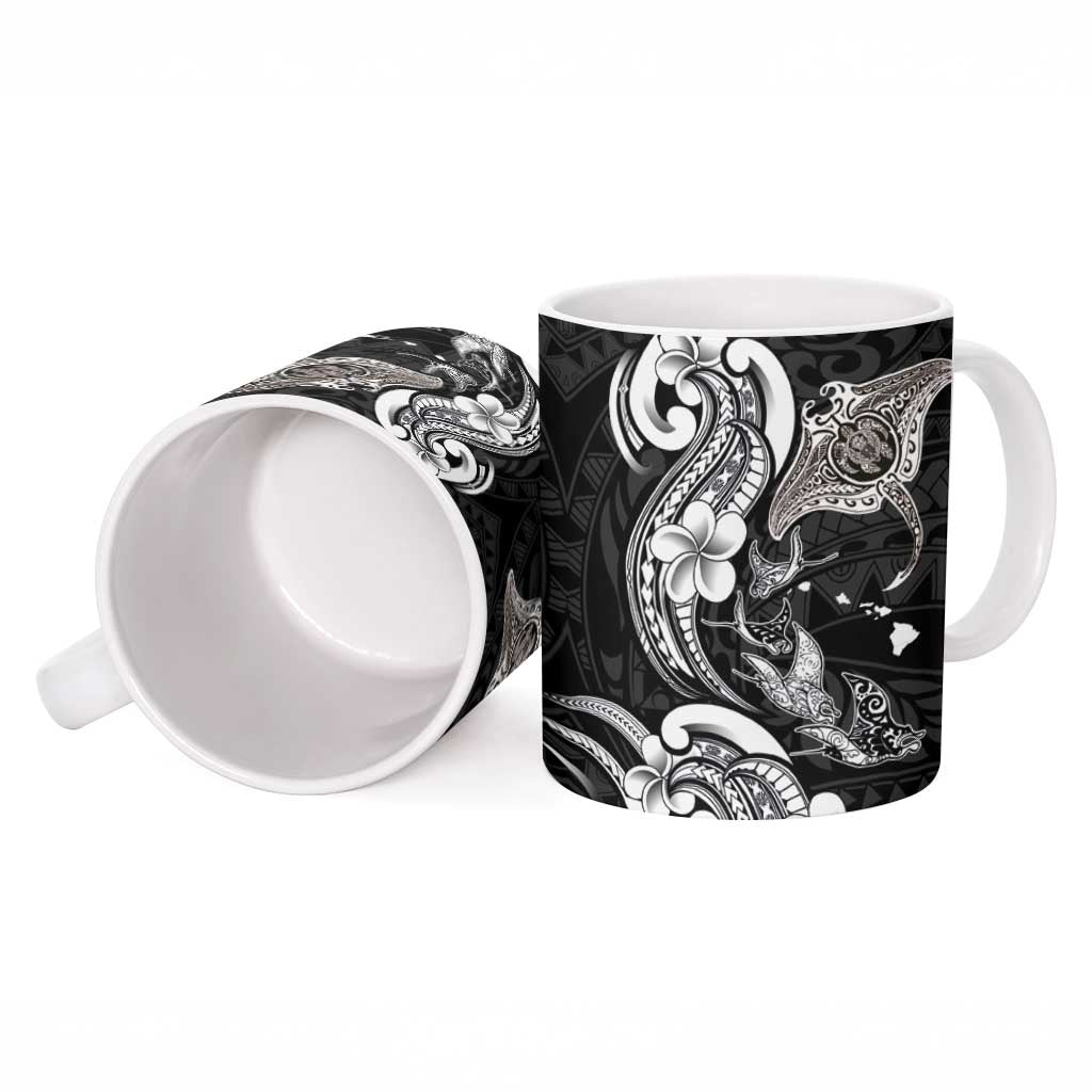 Hawaiian Manta Rays Ceramic Mug Tribal Hibiscus Polynesian Tattoos Black Color - Polynesian Pride