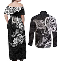 Hawaiian Manta Rays Couples Matching Off Shoulder Maxi Dress and Long Sleeve Button Shirt Tribal Hibiscus Polynesian Tattoos Black Color - Polynesian Pride