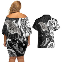 Hawaiian Manta Rays Couples Matching Off Shoulder Short Dress and Hawaiian Shirt Tribal Hibiscus Polynesian Tattoos Black Color - Polynesian Pride