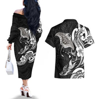 Hawaiian Manta Rays Couples Matching Off The Shoulder Long Sleeve Dress and Hawaiian Shirt Tribal Hibiscus Polynesian Tattoos Black Color - Polynesian Pride