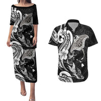 Hawaiian Manta Rays Couples Matching Puletasi and Hawaiian Shirt Tribal Hibiscus Polynesian Tattoos Black Color LT03 Black - Polynesian Pride