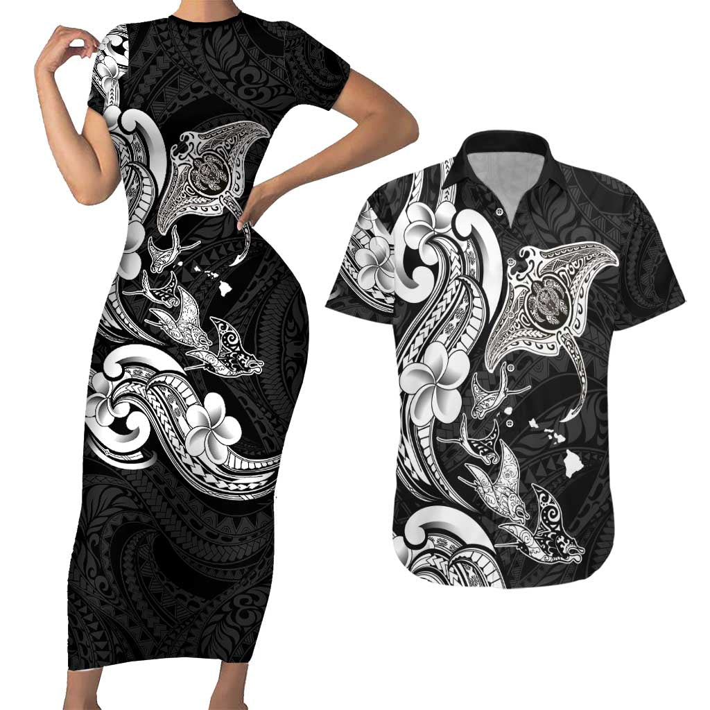 Hawaiian Manta Rays Couples Matching Short Sleeve Bodycon Dress and Hawaiian Shirt Tribal Hibiscus Polynesian Tattoos Black Color - Polynesian Pride