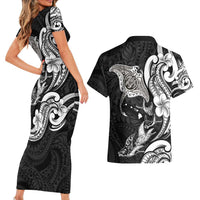 Hawaiian Manta Rays Couples Matching Short Sleeve Bodycon Dress and Hawaiian Shirt Tribal Hibiscus Polynesian Tattoos Black Color - Polynesian Pride