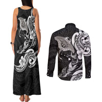 Hawaiian Manta Rays Couples Matching Tank Maxi Dress and Long Sleeve Button Shirt Tribal Hibiscus Polynesian Tattoos Black Color - Polynesian Pride