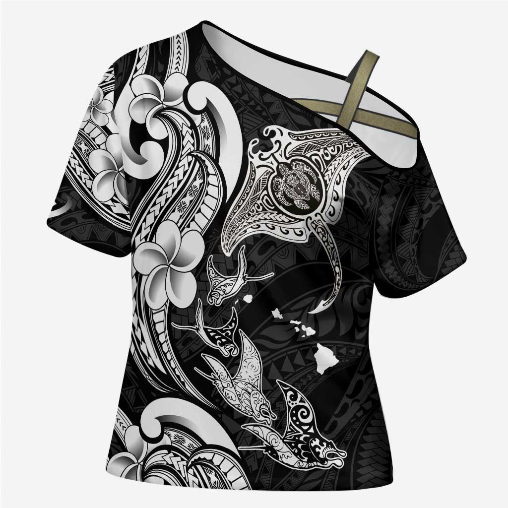 Hawaiian Manta Rays Cross Shoulder Shirt Tribal Hibiscus Polynesian Tattoos Black Color - Polynesian Pride
