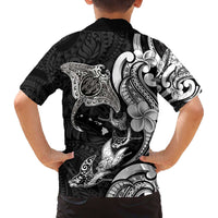 Hawaiian Manta Rays Family Matching Off The Shoulder Long Sleeve Dress and Hawaiian Shirt Tribal Hibiscus Polynesian Tattoos Black Color - Polynesian Pride