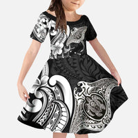 Hawaiian Manta Rays Family Matching Off The Shoulder Long Sleeve Dress and Hawaiian Shirt Tribal Hibiscus Polynesian Tattoos Black Color - Polynesian Pride