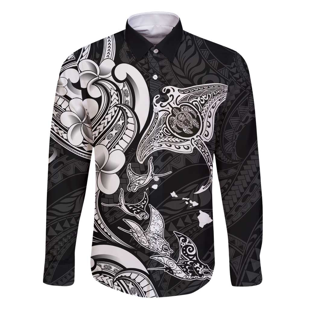 Hawaiian Manta Rays Family Matching Off Shoulder Short Dress and Hawaiian Shirt Tribal Hibiscus Polynesian Tattoos Black Color - Polynesian Pride