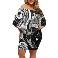 Hawaiian Manta Rays Family Matching Off Shoulder Short Dress and Hawaiian Shirt Tribal Hibiscus Polynesian Tattoos Black Color - Polynesian Pride