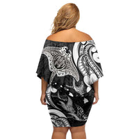 Hawaiian Manta Rays Family Matching Off Shoulder Short Dress and Hawaiian Shirt Tribal Hibiscus Polynesian Tattoos Black Color - Polynesian Pride