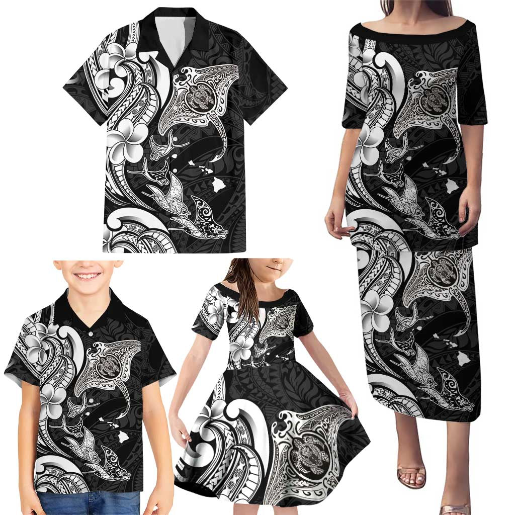Hawaiian Manta Rays Family Matching Puletasi and Hawaiian Shirt Tribal Hibiscus Polynesian Tattoos Black Color LT03 - Polynesian Pride