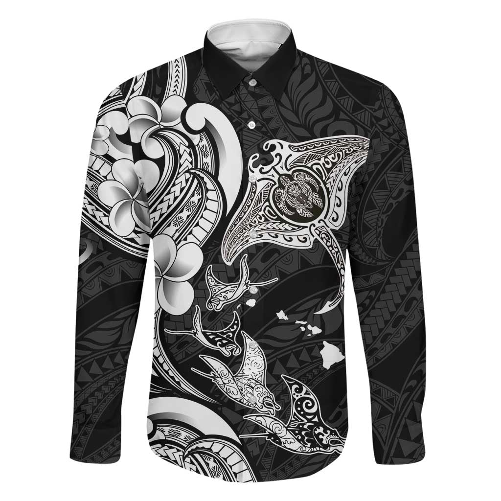 Hawaiian Manta Rays Family Matching Puletasi and Hawaiian Shirt Tribal Hibiscus Polynesian Tattoos Black Color LT03 Dad's Shirt - Long Sleeve Black - Polynesian Pride