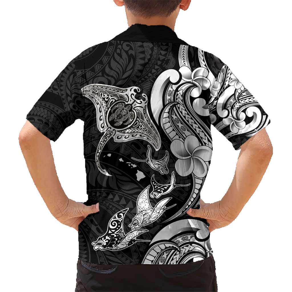 Hawaiian Manta Rays Family Matching Short Sleeve Bodycon Dress and Hawaiian Shirt Tribal Hibiscus Polynesian Tattoos Black Color - Polynesian Pride